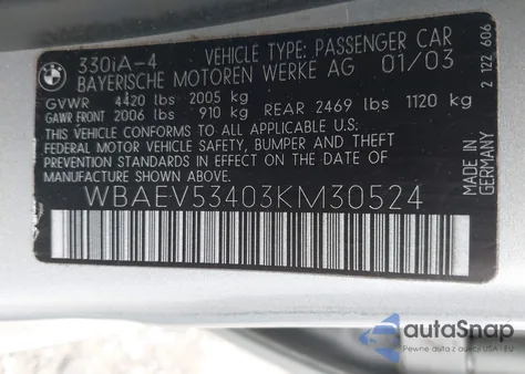 2003 BMW 330I из США, поврежденный, VIN WBAEV53403KM30524